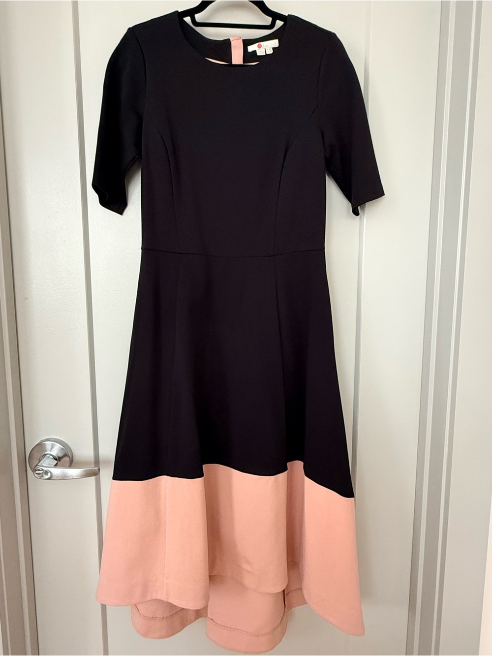 Boden Wren Ponte Black and Blush High-Low Midi Dress